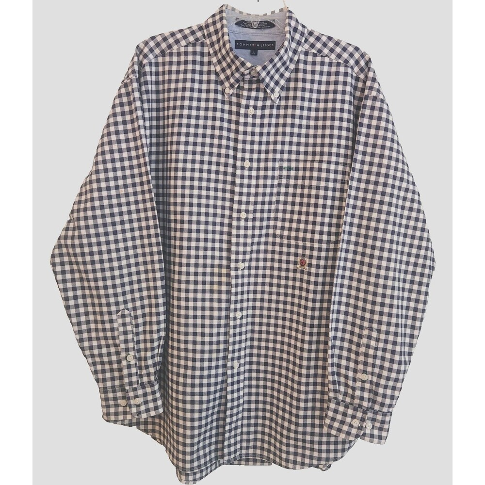 Tommy Hilfiger Long Sleeve Shirt Lion Crest Logo Mens L 100% Cotton Black Check